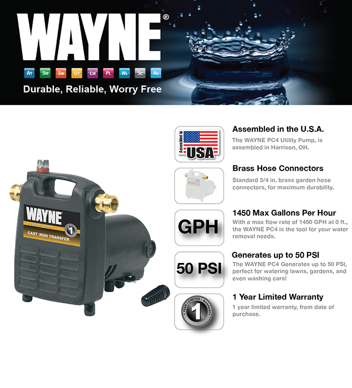 Wayne 1/2 HP Cast Iron, Portable Transfer Utility PumpPC4 The Home Depot